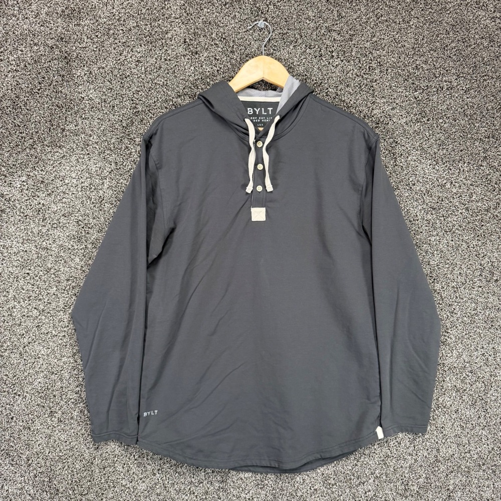 BYLT Drop Cut Long Sleeve Hooded Henley Lux Shirt Men L Gray Performance Stretch